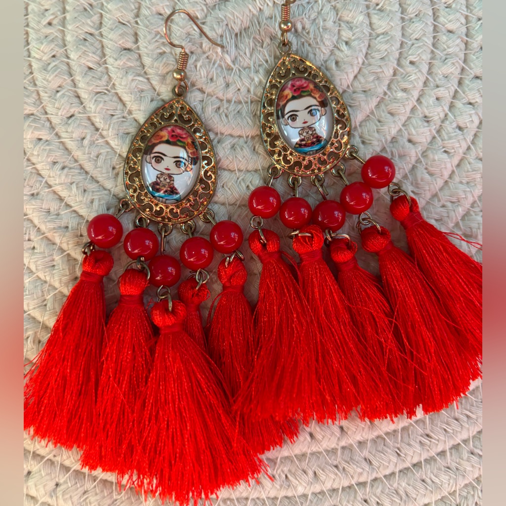 Red & Gold Frida Kahlo Tassel Earrings New!